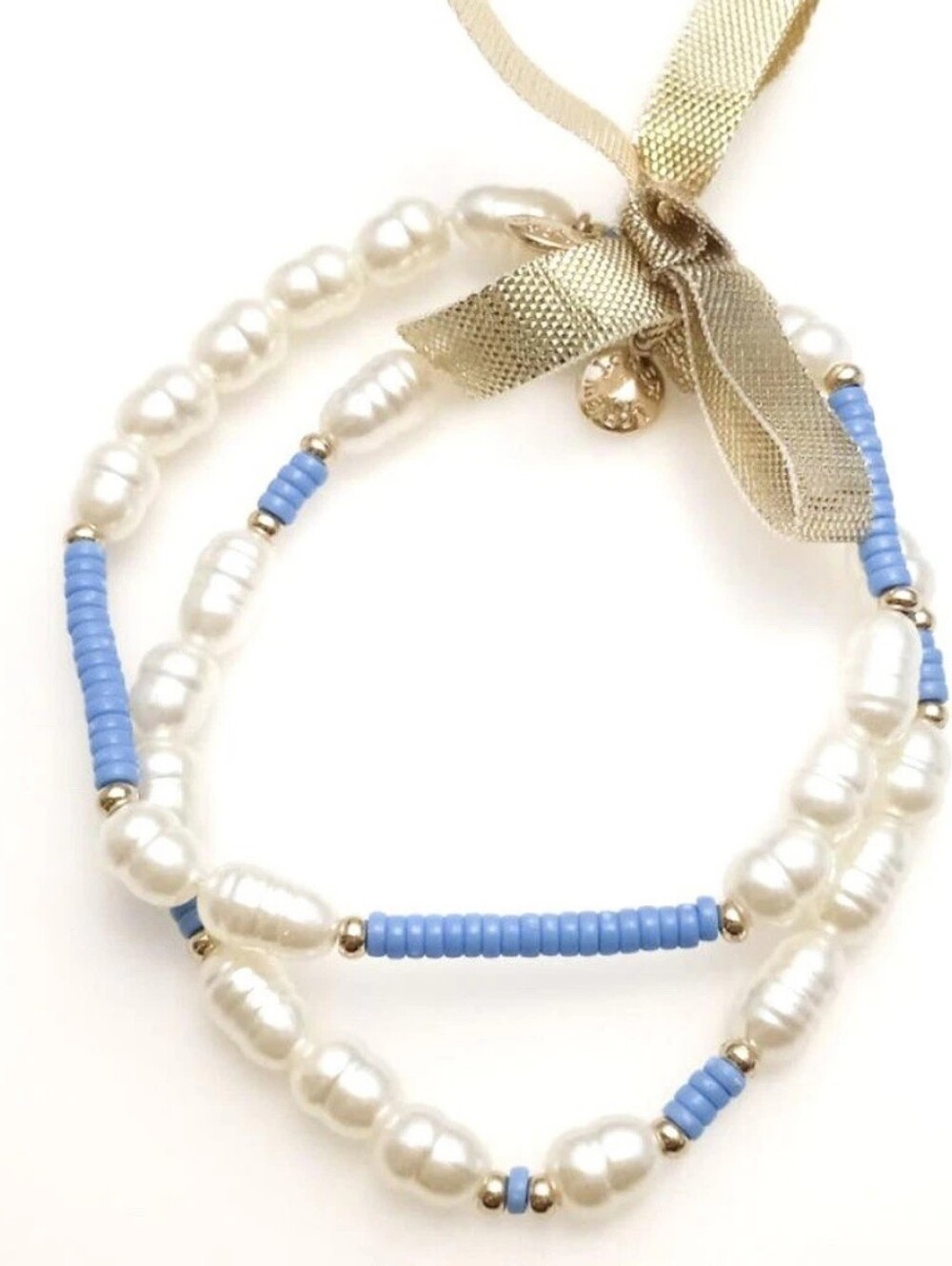 NWT J.Crew Acrylic Pearl & Blue Disc Beaded Bracelet Set / Stack